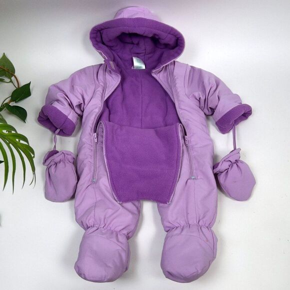 Vintage Infant Baby Girl Purple Hood Snowsuit & Mittens Winter Jacket / 6-9 Mon - Picture 3 of 10